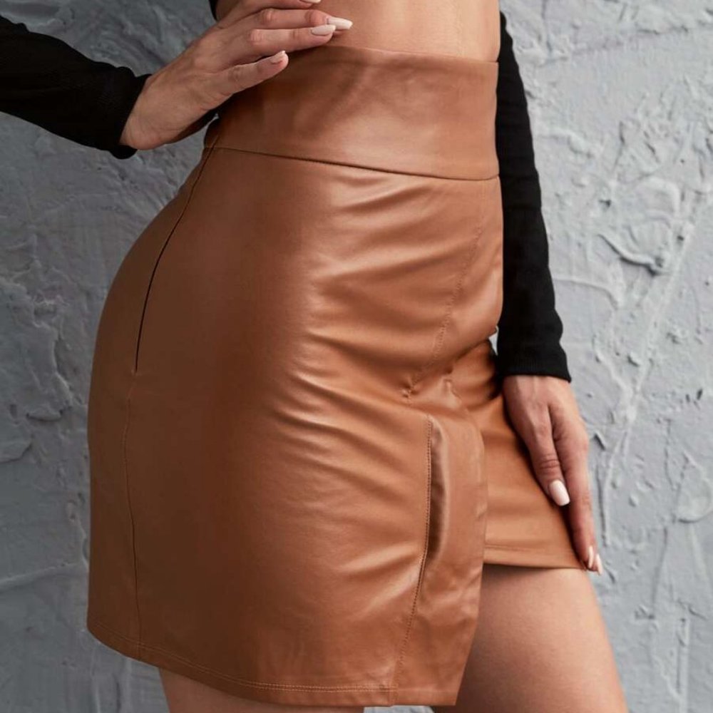 Camel Asym Wide waist vegan leather mini skirt - Picture 6 of 14